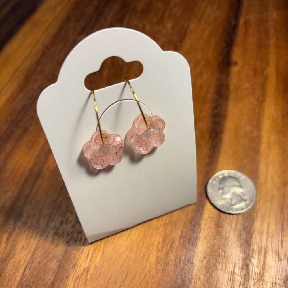 Light Pink Glitter Flower Earrings On Hoops